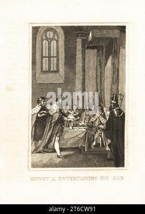 Henry the Young King at his coronation banquet, 1170. His father King Henry II serves him a dish, while bishops and nobles in ermine watch. Henry II entertaining his son. Copperplate engraving from M. A. Jones History of England from Julius Caesar to George IV, G. Virtue, 26 Ivy Lane, London, 1836. Stock Photo