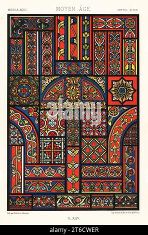 Middle Ages; stained glass, 12th to 14th centuries. Examples from cathedrals in Chartres, Bourges, Cologne, Soissons, Le Mans, Lyons, Angers, Strasbourg, Rouen, and Sens. Moyen Age. Hand-finished chromolithograph by Dufour & Lebreton from Albert-Charles-Auguste Racinets LOrnement Polychrome, (Polychromatic Ornament), Firmin-Didot, Paris, 1869-73. Stock Photo