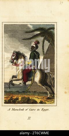 A Mamelouk or Mamluk of Cairo in Egypt, 1818. Mamluk slave soldier on horseback in turban with scimitar in front of a pyramid (at the Battle of the Pyramids, 1798). Handcoloured copperplate engraving from Mary Anne Vennings A Geographical Present being Descriptions of the Principal Countries of the World, Darton, Harvey and Darton, London, 1818. Venning wrote educational books on geography, conchology and mineralogy in the early 19th century. Stock Photo