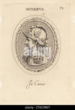 Bust in profile of Minerva, Roman goddess of wisdom, justice, law, victory, and the sponsor of arts, trade, and strategy. Wearing a helmet decorated with wings, human face and serpent, engraved breastplate. In cameo. Copperplate engraving by Giovanni Battista Galestruzzi after Leonardo Agostini from Gemmae et Sculpturae Antiquae Depicti ab Leonardo Augustino Senesi, Abraham Blooteling, Amsterdam, 1685. Stock Photo