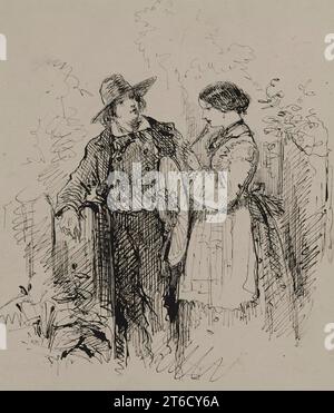 Young Man and Woman by a Gate, c1860. A youth appears to be flirting with a bashful young woman at a garden gate. Stock Photo