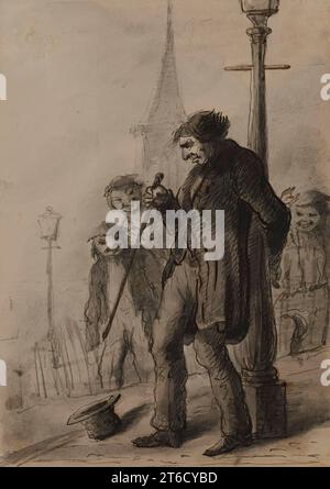 Drunkard, 1810-1874. Miller often used witty captions or lines of dialogue to reveal more about the characters in his sketches. He provided the following caption for this piece: &quot;You must move on 'old bottle nose' - the city won't pay you anything for holding up the lamp post.&quot; Stock Photo