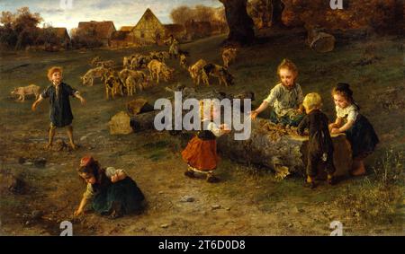 Mud Pies, 1873. This evening scene shows a girl seated on a log watching children making mudpies. In the background, a swineherd tends his pigs. Stock Photo