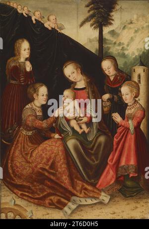 Mystic Marriage of Saint Catherine, 16th century. With Saints Margaret, Dorothy, and Barbara to the left and right of Saint Catherine. Stock Photo