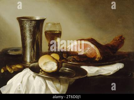 Breakfast Piece, 1640-1649.  In the 1600s, ham, bread, and white wine were often eaten at breakfast as well as at lunch. The use of simple pewter indicates that this is an everyday meal. Stock Photo
