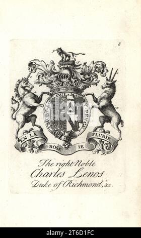 Coat of arms and crest of the right noble Charles Lenos or Charles Lennox, 1st Duke of Richmond, 1672-1723. Copperplate engraving by Andrew Johnston after C. Gardiner from Notitia Anglicana, Shewing the Achievements of all the English Nobility, Andrew Johnson, the Strand, London, 1724. Stock Photo