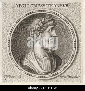 Apollonius of Tyana, Greek Neopythagorean philosopher, c.3-97 AD. From the town of Tyana in the Roman province of Cappadocia in Anatolia. Profile of bearded man in laurel crown. Apollonius Teaneus. Copperplate engraving after an illustration by Joachim von Sandrart from his LAcademia Todesca, della Architectura, Scultura & Pittura, oder Teutsche Academie, der Edlen Bau- Bild- und Mahlerey-Kunste, German Academy of Architecture, Sculpture and Painting, Jacob von Sandrart, Nuremberg, 1675. Stock Photo