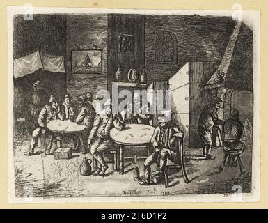 17th century Dutch tavern scene, with many peasants drinking at wooden tables, jugs at their feet, tobacco pipe on table. Two men sit in front of a fireplace. Copperplate engraving by David Deuchar from A Collection of Etchings after the most Eminent Masters of the Dutch and Flemish Schools, Edinburgh, 1803. Stock Photo