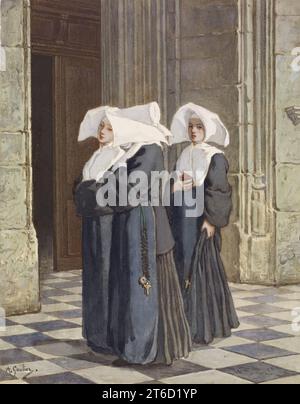 Three Nuns in the Portal of a Church, c1860. This painting depicts three Daughters of Charity of St. Vincent de Paul in their traditional attire (worn until the 1960s). The sisters established their first mission in Baltimore in 1822. This watercolour by a French artist is not dated, but as William T. Walters puchased many works on paper while in Paris during the Civil War, it likely dates from before 1865. Stock Photo