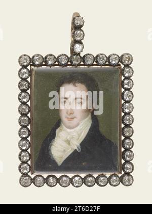 A Gentleman, c1820. Bust-length portrait of a dark-haired young man with eyes towards the observer. He wears a navy blue coat and white muslin stock. The gold frame is set with thirty-nine old mine-cut diamonds with a total weight of about 9.5 carats. The sitter appears to wear a diamond stud on his shirt front. The back is decorated with plaited field of hair which covers the whole of the surface. The miniature was probably painted in France. Stock Photo