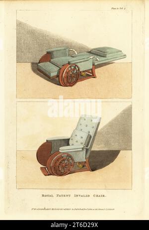 Royal patent invalid chair, 1810. Wheelchair with reclining back and slide-out footrest that can become a flat bed. Mahogany chair with hair-stuffed canvas upholstery, with iron-rim wheels and brass interior steering wheel. Handcoloured copperplate engraving from The Upholsterer's and Cabinet-Maker's Repository consisting of seventy-six designs of modern and fashionable furniture, Rudolph Ackermann, London, 1830. Stock Photo