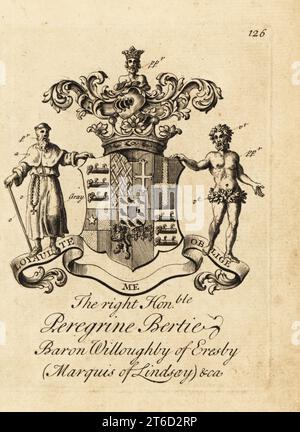 Coat of arms of the Right Honourable Peregrine Bertie, Baron Willoughby of Eresby, Marquis of Lindsay, 2nd Duke of Ancaster and Kesteven, 1686-1742. Copperplate engraving by Andrew Johnston after C. Gardiner from Notitia Anglicana, Shewing the Achievements of all the English Nobility, Andrew Johnson, the Strand, London, 1724. Stock Photo