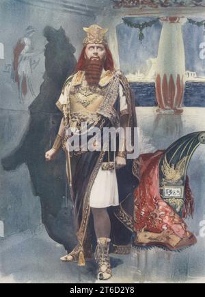 Sir Herbert Beerbohm Tree as Herod, King of the Jews, in Herod: a Tragedy, a play by Stephen Phillips, 1901. Beerbohm Tree, English stage and film actor, theatre manager, 1852-1917. Photograph by Langfier. Colour printing of a hand-coloured illustration based on a monochrome photograph from George Newness Players of the Day, London, 1905. Stock Photo