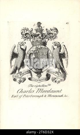Coat of arms and crest of the right honorable Charles Mordaunt, 3rd Earl of Peterborough and 1st Earl of Monmouth, 1658-1736. Copperplate engraving by Andrew Johnston after C. Gardiner from Notitia Anglicana, Shewing their Achievements of all the English Nobility, Andrew Johnson, the Strand, London, 1724. Stock Photo