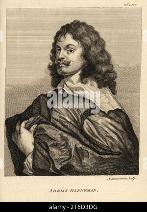 Portrait of Adriaen Hanneman, Dutch Golden Age painter best known for his portraits of the exiled British royal court, c.1603-1671. Adrian Hanneman. Copperplate engraving by Alexander Bannerman after a 1656 self-portrait by Hanneman from Horace Walpoles Anecdotes of Painting in England, London, 1765. Stock Photo