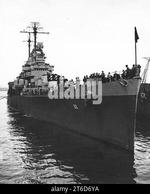USS Cleveland (CL-55) in floating drydock ABSD-1 off Espiritu Santo, in ...