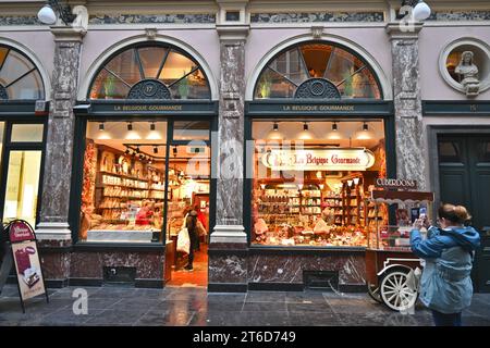 La Belgique Gourmande is a confectionery shop inside The Royal Saint-Hubert Galleries (Galeries Royales Saint-Hubert) – Brussels Belgium Stock Photo