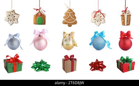 New Year celebration stuff isolated on white. Collection of cookies, festive baubles, gift boxes and bows Stock Photo