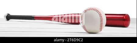 Baseball bat and ball on wooden table against white background Stock Photo