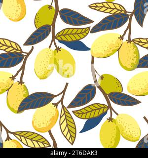 Seamless pattern with lemon fruits and leaves. Vector illustration of lemon branches in minimalistic doodle style. Stock Vector