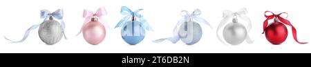 Different festive baubles with bows isolated on white, collection Stock Photo