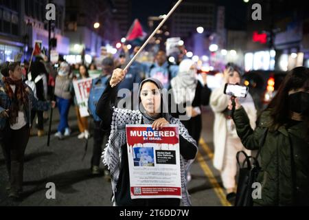 Newark, New Jersey, USA. 9th Nov, 2023. Hundreds of demonstrators take to the streets in Newark, New Jersey protesting the actions of the Israeli governments action against Palestinians in Gaza. The Demonstrators also marched to U.S. Corey Bookers, D-NJ office and downtown Newark as well as occupying the foyer adjacent to Booker's office (Credit Image: © Brian Branch Price/ZUMA Press Wire) EDITORIAL USAGE ONLY! Not for Commercial USAGE! Stock Photo