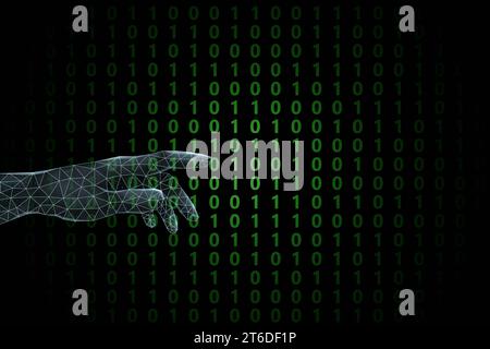 Green binary code on black background with plexus lines hand. 3D illustration image. Stock Photo
