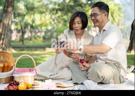 Lovely senior Asian couple are sipping wine and taking selfies while enjoying a picnic in the green park on the weekend together. Happy marriage conce Stock Photo