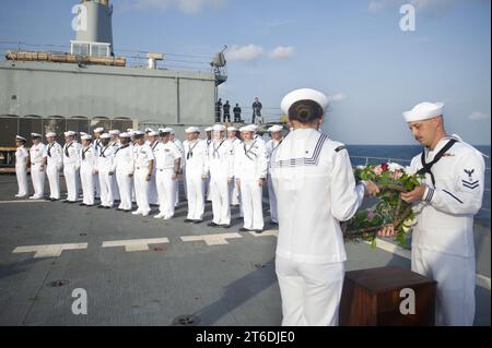USS Frank Cable (AS 40) holds a wreath laying ceremony in the Java Sea. (52247228456) Stock Photo