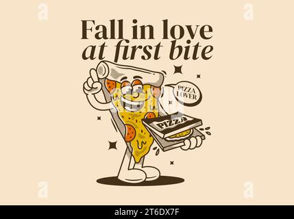 Fall in love at first bite. Mascot character of pizza holding a box pizza Stock Vector