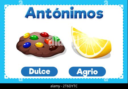 Illustrated card with Spanish antonyms in a vector cartoon style means sweet and sour Stock Vector