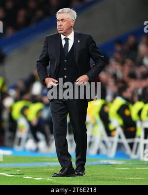 Madrid, Spain. 08th Nov, 2023. Real Madrid head coach Carlo Ancelotti during the UEFA Champions League match, Group C, between Real Madrid and Sporting Clube de Braga played at Santiago Bernabeu Stadium on November 8, 2023 in Madrid, Spain. (Photo by Bagu Blanco/PRESSINPHOTO) Credit: PRESSINPHOTO SPORTS AGENCY/Alamy Live News Stock Photo