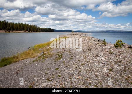 Man-made levee on Yellowstone Lake near Grant Village was allegedly constructed for stage coach use in the late 19th and early 20th century. Stock Photo