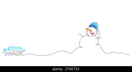 one line drawing of snowman with hello winter inscription thin line illustration Stock Vector