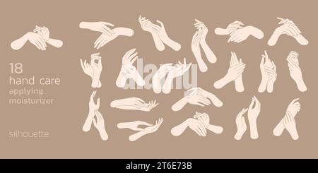 set of hand care applying moisturize filled outline icon vector Stock Vector