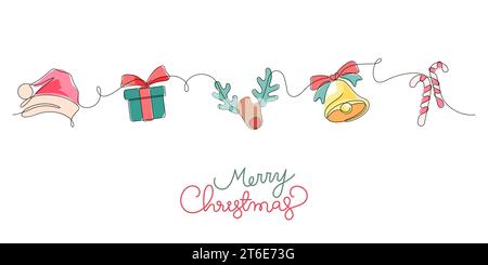merry christmas thin line continuous greeting flat design vector illustration Stock Vector
