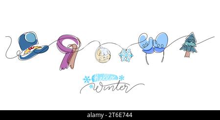 One line drawing of winter. hello winter season inscription concept and objects element decoration vector illustration Stock Vector