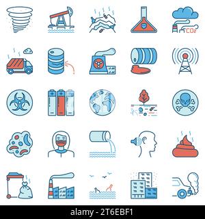 Pollution colored icons set. Vector air, noise, dust, water and land pollution concept modern signs Stock Vector