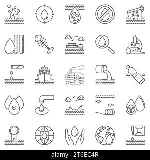 Water Pollution outline icons set - vector Waste Water, Aquatic and Biological pollution concept symbols Stock Vector