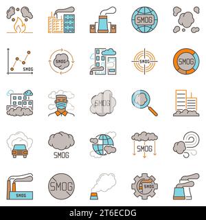 Smog icons collection. Vector Air Pollution and Smoke Fog creative Ecology concept signs or design elements Stock Vector