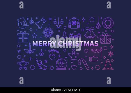 Merry Christmas vector colored illustration - Xmas concept outline horizontal banner on dark background Stock Vector