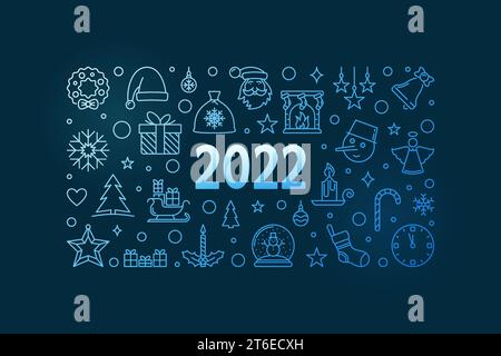 Merry Christmas 2022 Greeting Card with outline blue festive horizontal design - Xmas 2022 concept vector modern illustration on dark background Stock Vector