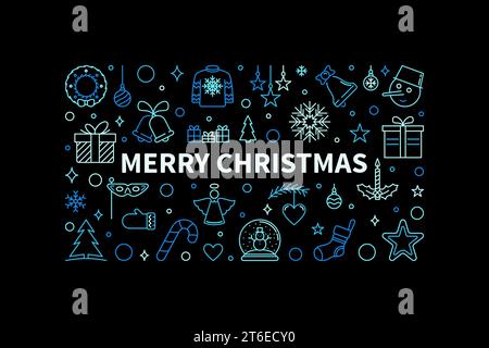 Merry Christmas vector linear creative horizontal illustration. Xmas concept colored banner in thin line style Stock Vector