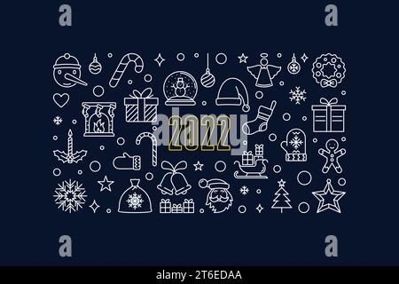 Merry Christmas and Happy New 2022 Year vector horizontal concept outline illustration or banner Stock Vector