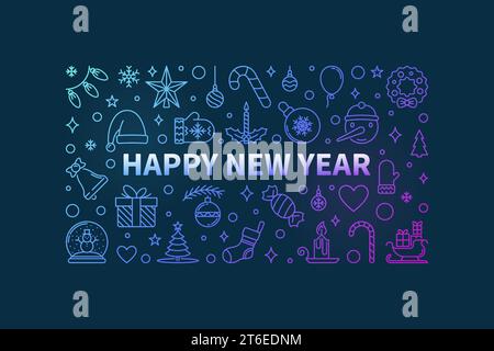 Vector Happy New Year linear colored horizontal banner - concept festive illustration Stock Vector