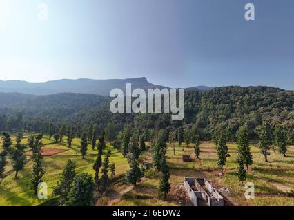 Beautiful aerial view of mountain layer in forest.  Sahyadri mountain range layers with sun Stock Photo