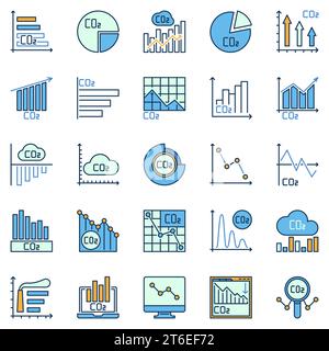 Carbon Dioxide CO2 Charts and Graphs colored concept vector icons set or design elements collection Stock Vector
