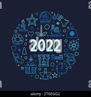Merry Christmas and Happy 2022 New Year vector round concept outline blue illustration or banner Stock Vector