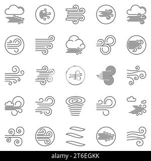 Wind outline vector icons set. Breeze concept weather symbols in thin line style Stock Vector