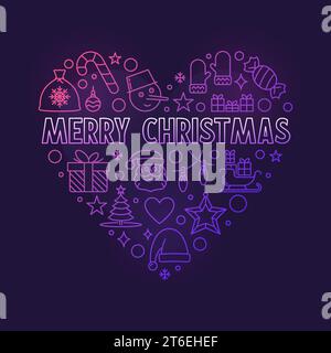 Merry Christmas heart-shaped vector linear colored illustration - Xmas concept outline banner on dark background Stock Vector